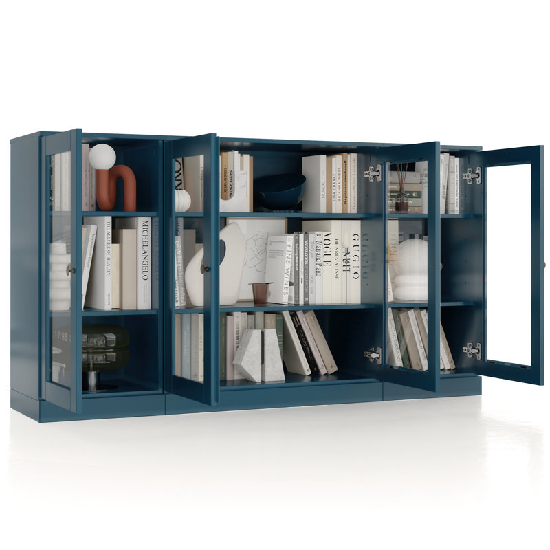 100% Solid Wood 65" Sideboard with Clear Glass Doors and Adjustable Shelves, Teal Blue
