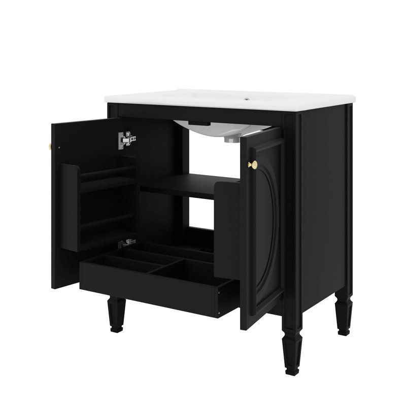 30" Bathroom Vanity With Sink, Two Doors With Shelf, Black