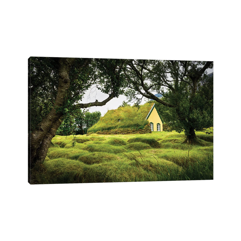 Iceland, Turf-Roofed Hof Church and Surrounding Grave Mounds. 1 Piece Wrapped Canvas Wall Art, 20.32 cm H x 30.48 cm W