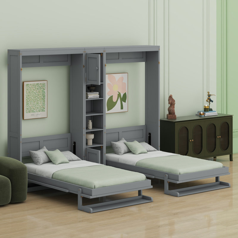Deux lits escamotables doubles avec armoires et tablettes, Gris