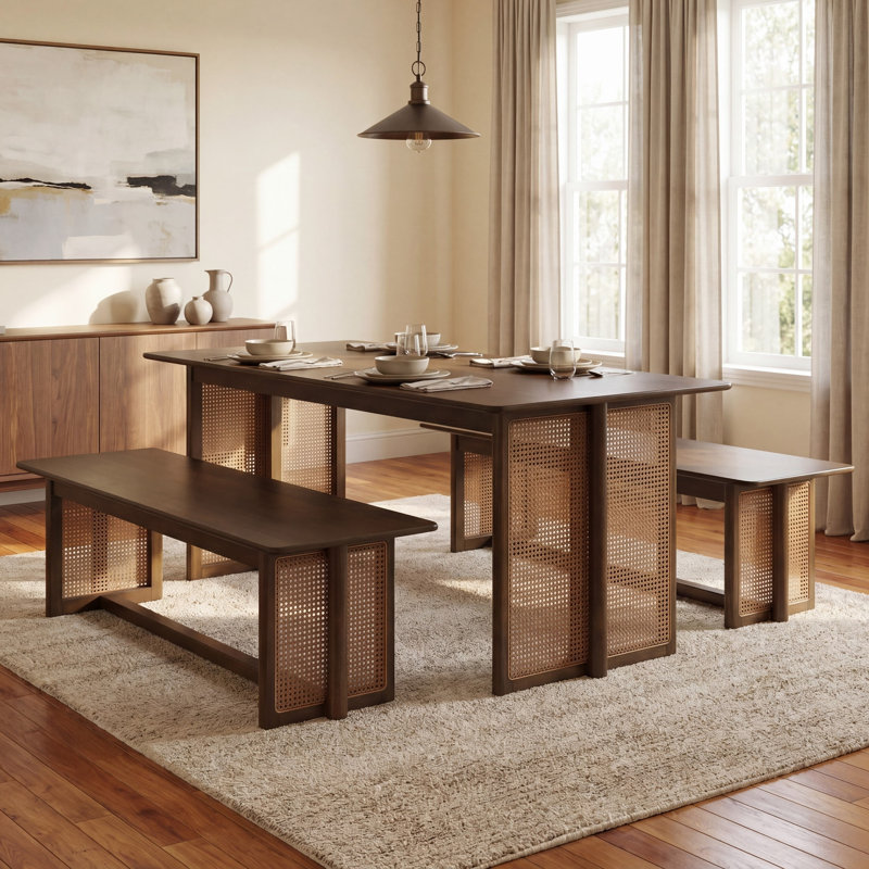 Ensemble de salle à manger 4 pièces, bois d'hévéa noyer avec rotin en plastique, 1 table et 2 bancs