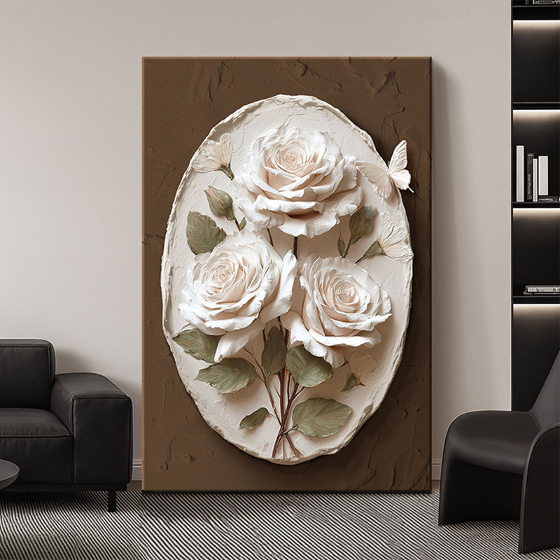 Peinture murale luxueuse et haut de gamme florale en grès, H 59,06 po x l 39,37 po x P 1,18 po, Brun / blanc / vert