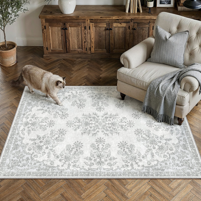 Tapis damas lavable à la machine avec envers antidérapant gris Elyra, Rectangulaire 3 pi x 5 pi