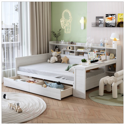 Lit de jour double en bois avec tablettes de rangement, lit multifonctionnel avec deux tiroirs de rangement et bureau d'étude