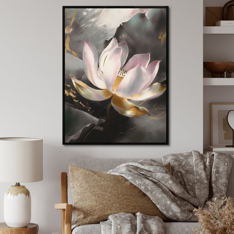 Rose lotus floral, sérénité II, H 44 po x l 34 po, Cadre flottant noir