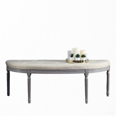 Coastal Button Tufted Light Beige Upholstered Bench with Weathered Gray Legs