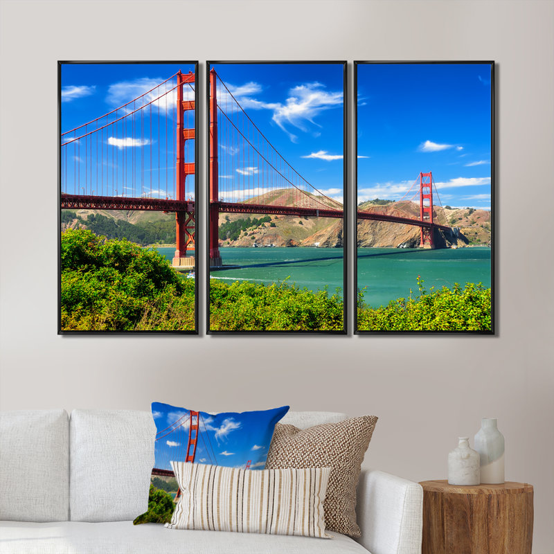 San Francisco Golden Gate - ensemble de 3 toiles encadrées, Noir, H 32 po x l 48 po