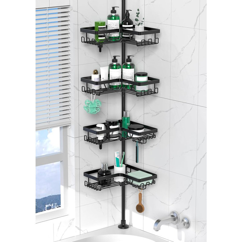 4-Tier Corner Shower Caddy Tension Pole, Rustproof Stainless Steel Adjustable Bathroom Organizer Shelves, Black