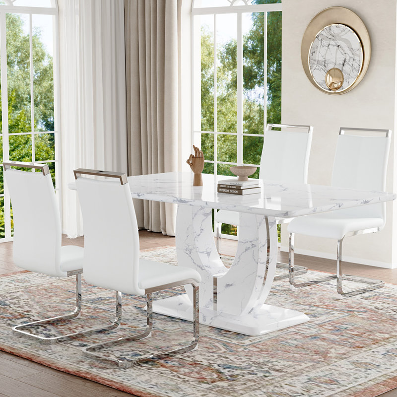 Ensemble de table de salle à manger, Blanc / argent, Marbre blanc, 5 pièces
