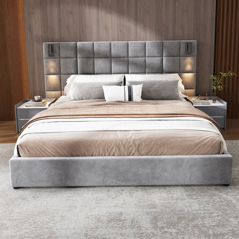 King bed,with reading lamp and USB port, wide headboard,without bedside tables and mattress, King