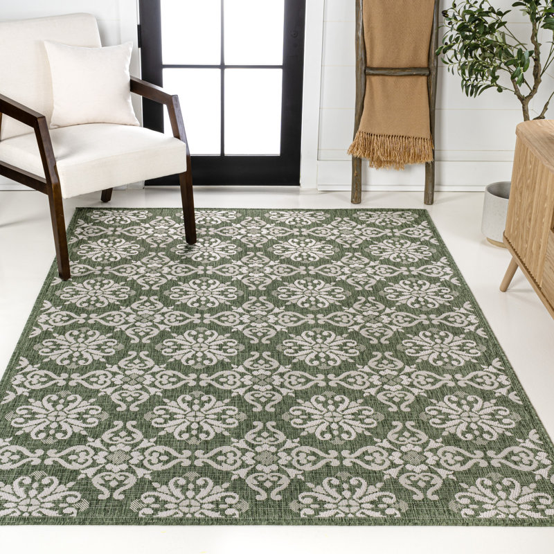Amora Traditional Mediterranean Tile Design Green/Cream Indoor/Outdoor Rug, Rectangle 2'11" x 4'11"
