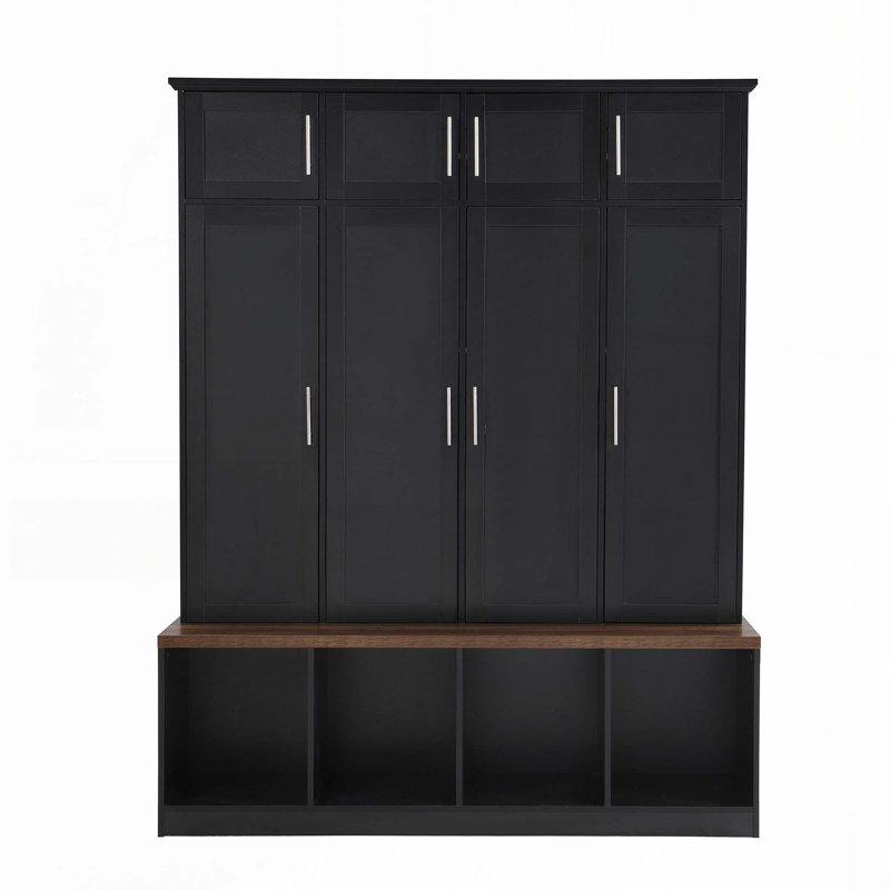 Hall Tree with 4 Hanging Hooks, Wood Grain Bench with Multiple Storage Space, Black