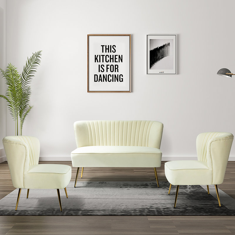 Euclid 3-Piece Velvet Living Room Set, Ivory Velvet