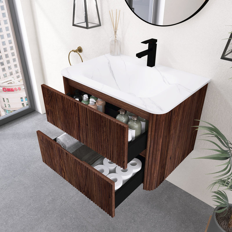 Meuble-lavabo flottant 30 po avec tiroirs, meuble rétro à grain de bois noyer avec bassin en pierre frittée intégrée, 30"