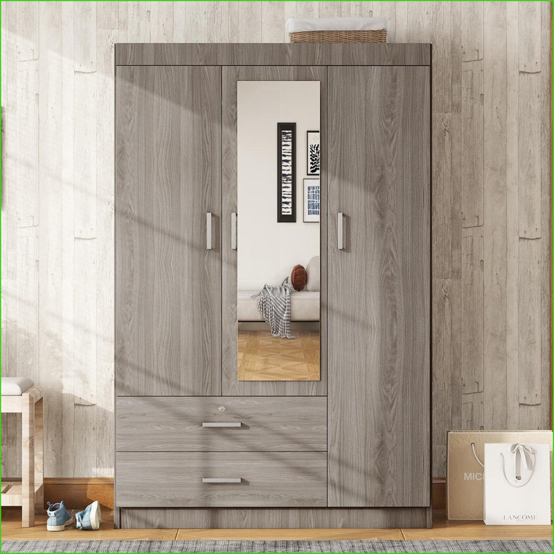 Commodes et amp; Garde-robes | Armoire-penderie 3 portes avec miroir pleine longueur | Panneau de fibres à densité moyenne | Gris | Contreplaqué