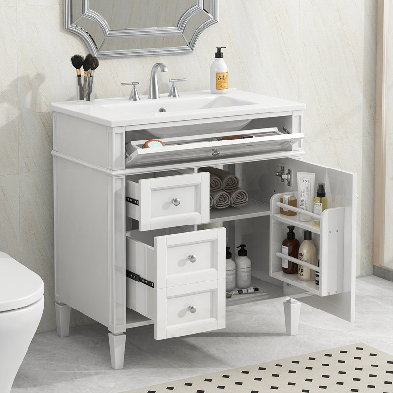 Meuble-lavabo de 30 po avec lavabo supérieur, meuble-lavabo moderne avec 2 tiroirs et tiroir escamotable, meuble-lavabo simple