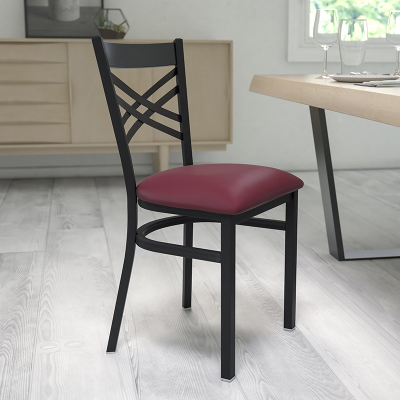 Clear Coated "X" Back Metal Restaurant Chair, 1, Burgundy