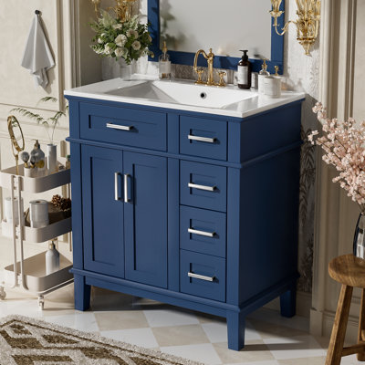 Meuble-lavabo moderne de 30 pouces, lavabo en céramique, tiroir profond, fonction silencieuse standard à fermeture en douceur, convient aux espaces compacts. Meuble-lavabo de 30 po avec espace de rangement spacieux, poignées élégantes en argent, portes