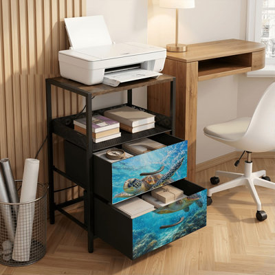 2 Drawers Nightstand with Charging Station, Bedroom Nightstand with USB Ports &amp; Outlets Open Shelf Black, night stand with Sea Turtle Swimming Print