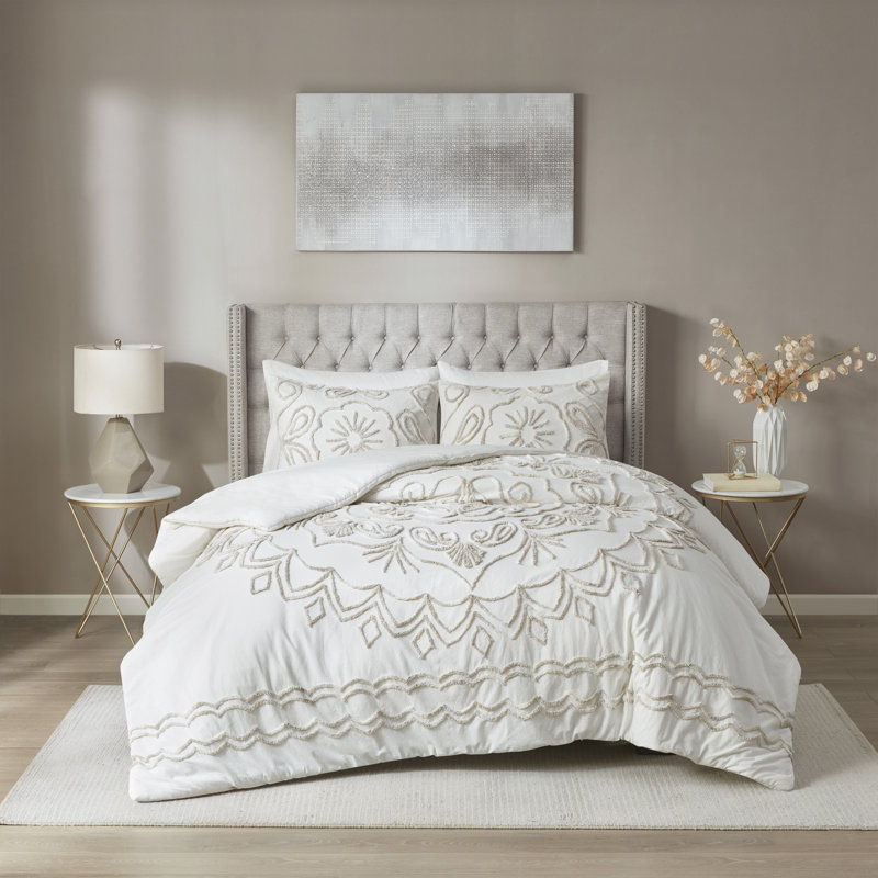 Ivory and Taupe Cotton Chenille King/Cal King Duvet Cover Set