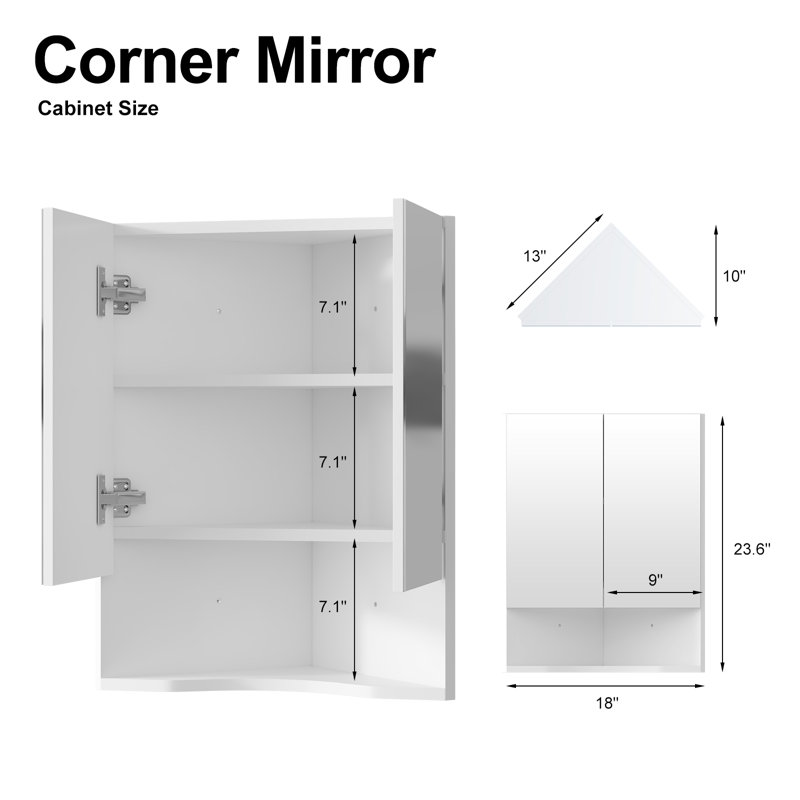 18"w X 23.6"h Frameless Corner Medicine Cabinet With 2 Doors & Open Shelf