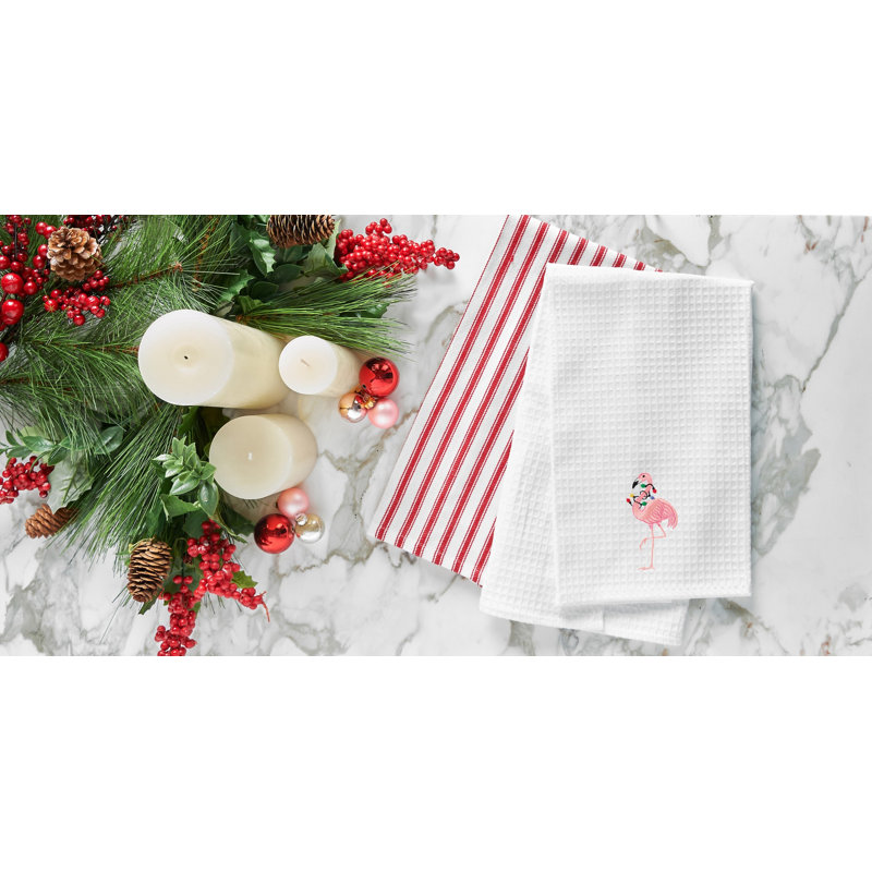 Pink Flamingo Christmas Lights Embroidered 100% Cotton Waffle Weave Dishtowel