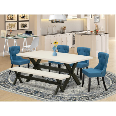 6 Piece Kitchen Table & Chairs Set Contains a Rectangle Wooden Table and 4 Blue Linen Fabric Parson Chairs with a Bench, Wire Brushed Black Finish