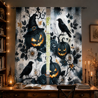 2Pcs Spooky Halloween Jack-o'-Lantern Curtains, Gothic Crow and Floral Print Light Filtering Window Drapes for Living Room Bedroom Kitchen Home Decor