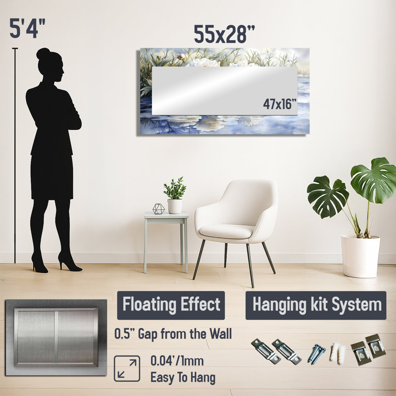 Pivoines blanches par l'étang I Frozen - miroir floral pour décoration murale - imprimé sur métal, 28 po x 55 po