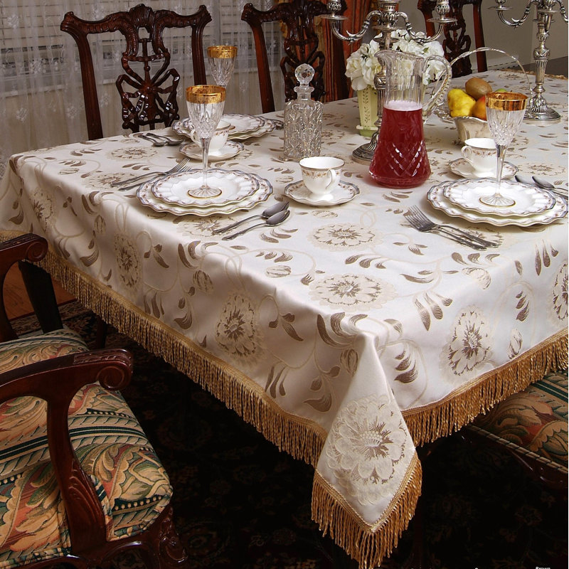 Wooten Floral Damask Fringes Tablecloth, White, 72" W x 54" L
