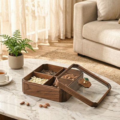 Plateau de service en noyer noir avec écrous en bois et bonbons, plateau à collation en verre à 4 compartiments pour fruits secs.