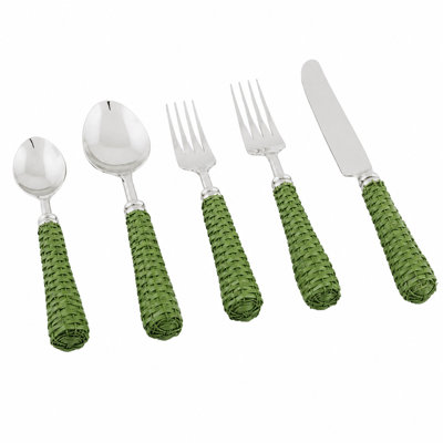 Green Basketweave Five Piece Flatware Set