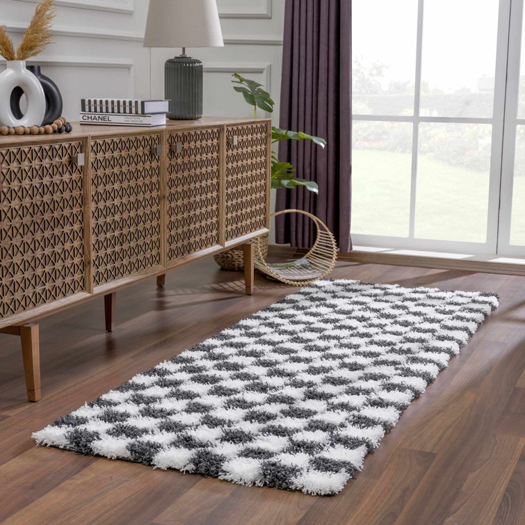 Atiray Shag Checkered Modern Black / White Area Rug