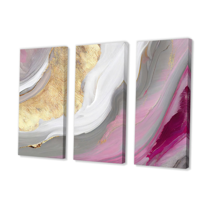 Rose et or marbré abstrait VI - ensemble d'art mural moderne sur toile, H 28 po x l 36 po x P 1 po, Toile tendue