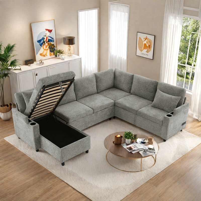 U-shaped Sectional Sofa Bed With Ample Storage Space, Two Cup Holders, Charging Ports And Hidden Storage Chaise 