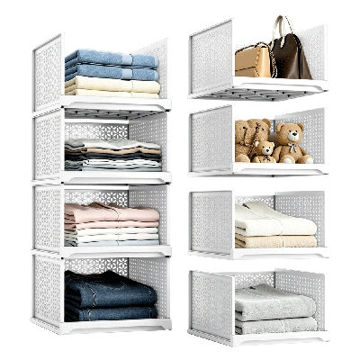 4 paniers de rangement empilables de 4 pièces pour l'organisation et le rangement des placards, des bacs de rangement ouverts, adaptés aux vêtements, aux jouets et aux collations - simples supports et tablettes de rangement en plastique blanc 
