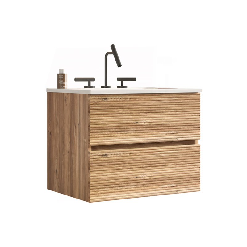 Gloria 24" Wall Mounted Rough Oak&Rough Oak Bathroom Vanity With Integrated Ceramic Sink With 3 Holes, Overflow, Large Storage Floating Bathroom Vanity For Modern Bathroom, KD