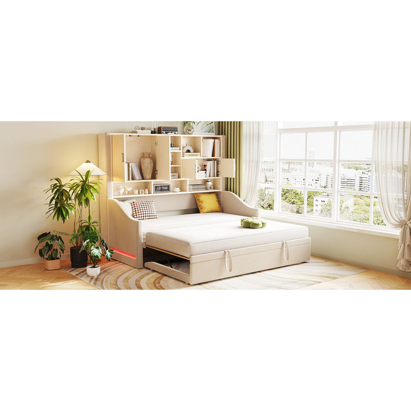 Twin Size Upholstered Daybed With LED Armrest Lights, Storage Shelves & Cabinets, Pull-Out Lift-Up Twin Trundle, Beige