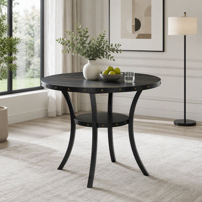 Table de 48 po de hauteur comptoir ronde avec têtes de clou en laiton et tablette de rangement