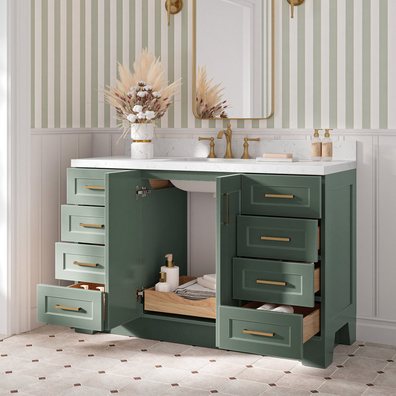 Meuble-lavabo simple en bois massif de 54 po de couleur bleu minuit avec comptoir en quartz blanc Carrara de 1,5 po Freitas
