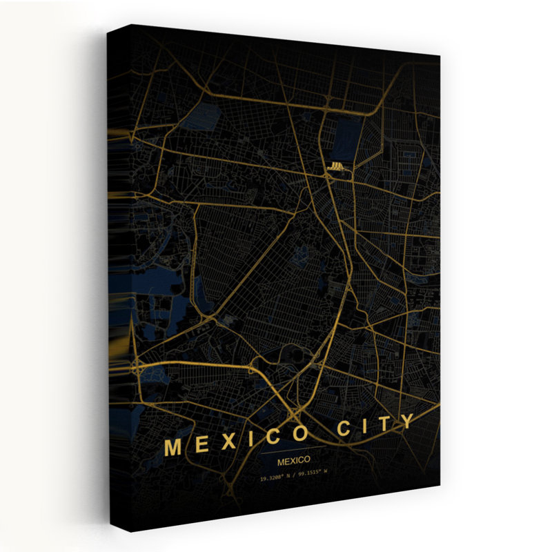 Golden Mexico City Map Abstract Minimalist Modern City Wall Art Print 1 Piece Wrapped Canvas Wall Art, 45.72cm H x 30.48cm W