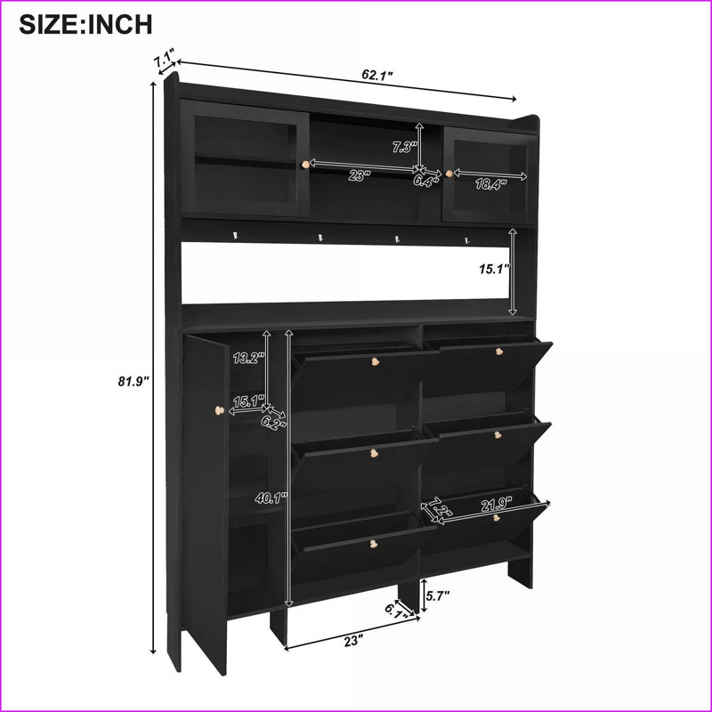Hall Tree, Contemporary Shoe Cabinet with 6 Flip Drawers, 3 Cabinets &amp; Tempered Glass Doors | Black | Particle Board