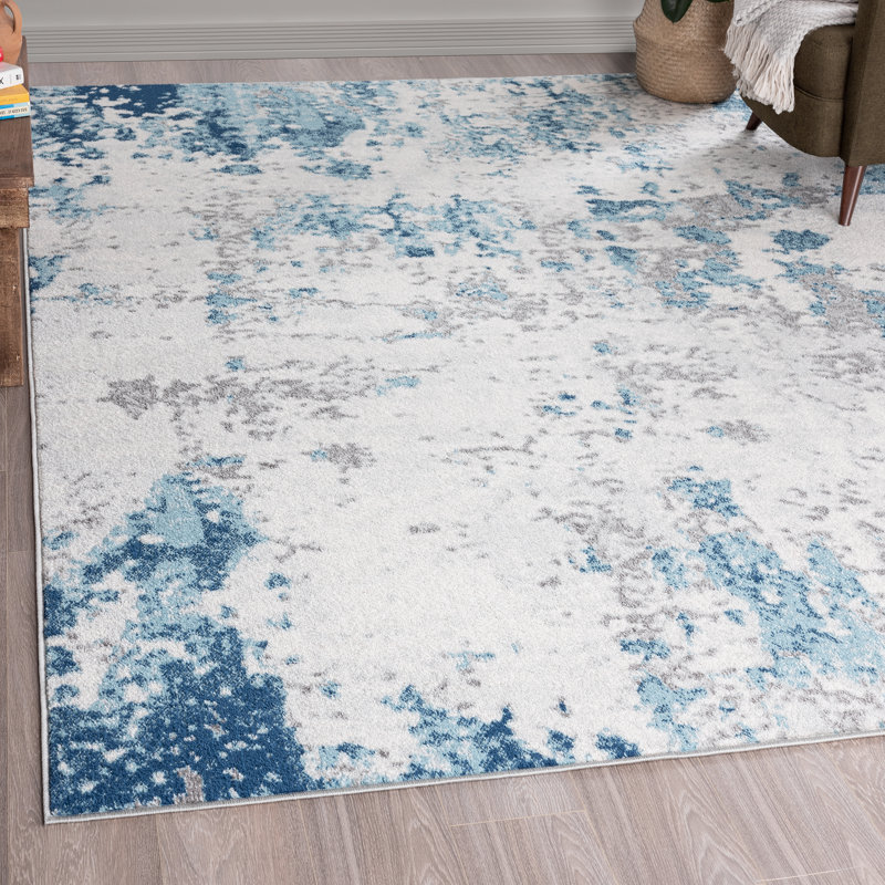 Longino Abstract Blue/Cream Indoor Area Rug for Living Room, Dining Room, Bedroom, Rectangle 4' x 5'3"
