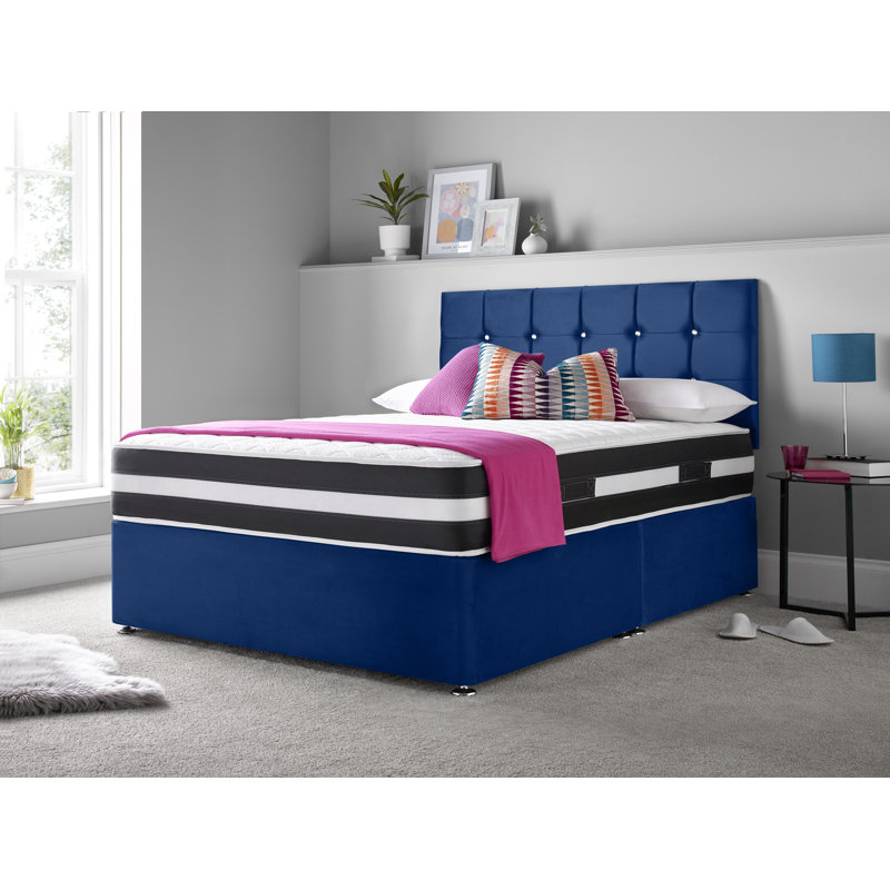 Vibbert Upholstered Divan Bed with Mattress, Double (4'6), Blue, Left Side Drawers