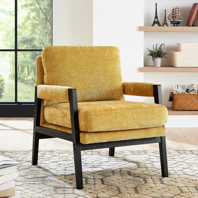 Mid-century Modern Armchair With Chenille Cover - Seat Cushion Yellow Solid Wood Frame Upholstered Chair Soft Cushioned Back Rubberwood