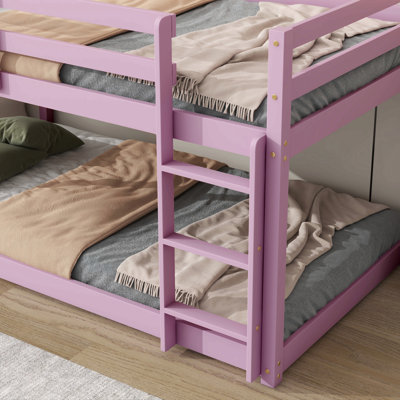 Solid Wooden , Solid Rubber Wooden Twin Over Twin Loft Bed With Ladder ,Upper And Bottom Bed Platforms Crafted With Strengthened Slats ,Pink