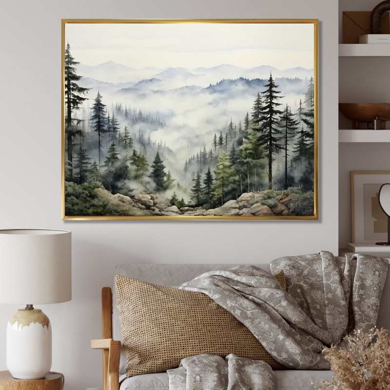 «Pine Tree Misty Mountain I», art sur toile de pin, Reproduction avec cadre flottant, H 30 po x l 40 po, Doré