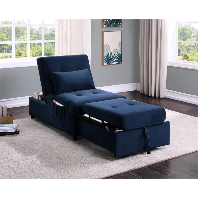 Banc à plateau relevable en velours bleu foncé avec lit escamotable - Structure en bois massif et siège confortable pour économiser de l'espace