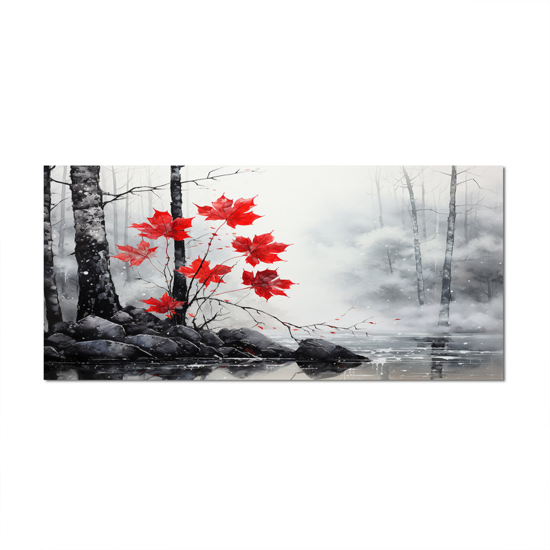 Bianchina, forêt monochrome rouge minimaliste II - forêt, art mural, Toile tendue, H 28 po x l 60 po x P 1,5 po