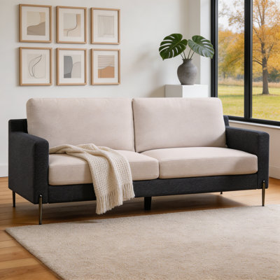 Zephyr 80" Modern Beige & Black Velvet 3-Seater Sofa with High-Resilience Foam Cushions and Grey Metal Legs